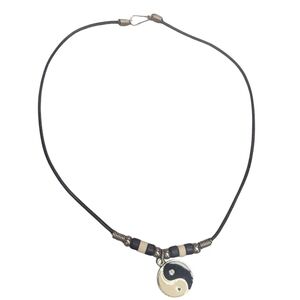 Yin Yang Pendant Leather Necklace in Black and Cream